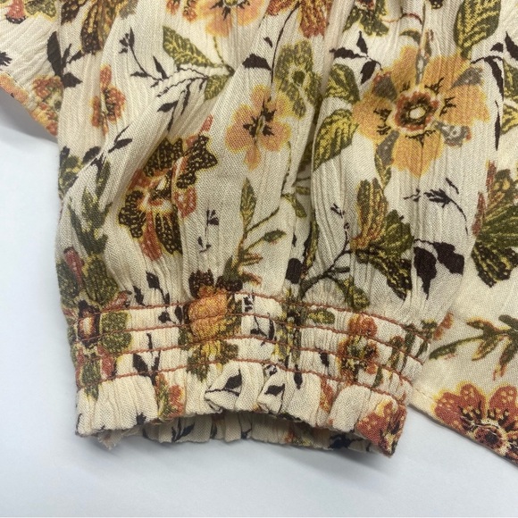 Faherty Floral Blouse in Cream and Brown Women’s LG Tie Neck Elastic at Wrist - Picture 6 of 11